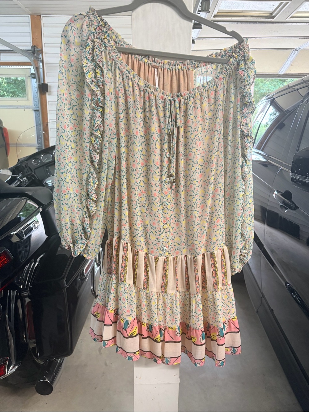 Free People Floral Mini Dress in Cream with Pink & Blue Accents